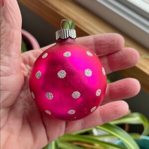Vtg Shiny Brite Hot Pink Christmas Ornament W/Silver Glitter Dots USA MCM